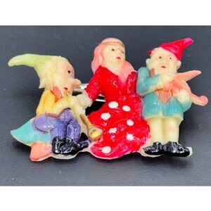Vintage Occupied Japan SNOW WHITE Celluloid Gnome Elf Trio Brooch Pin